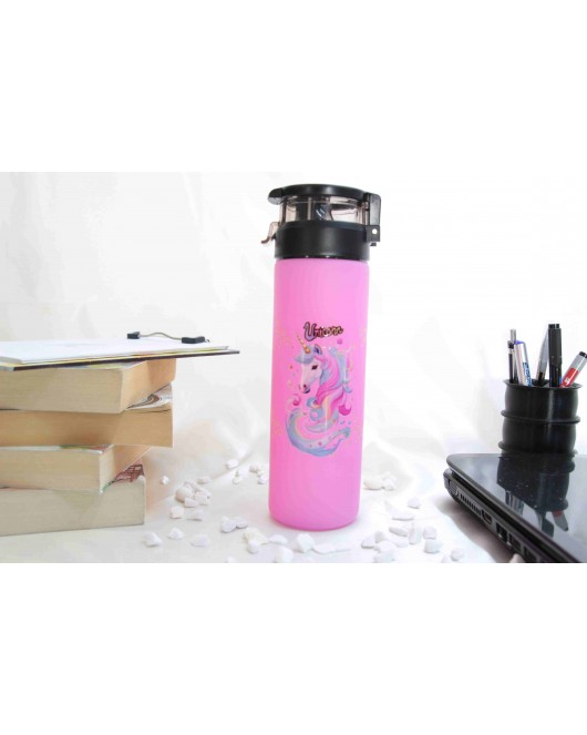 Pembe Renk Unicorn Temalı - Baskılı Cam Suluk & Termos - 550 ml